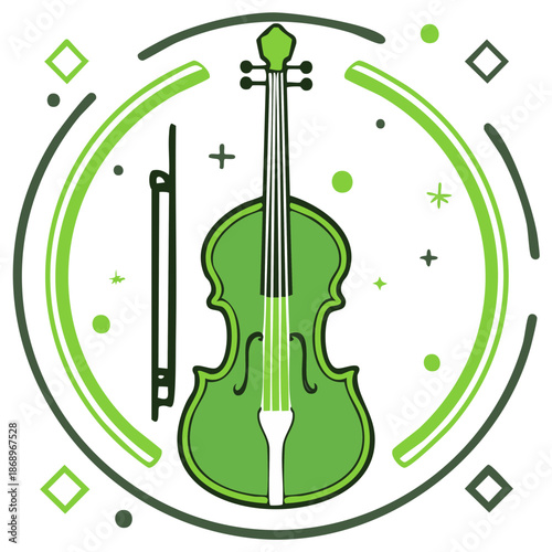 Green illustration of a cello and bow, music-themed design with geometric elements.