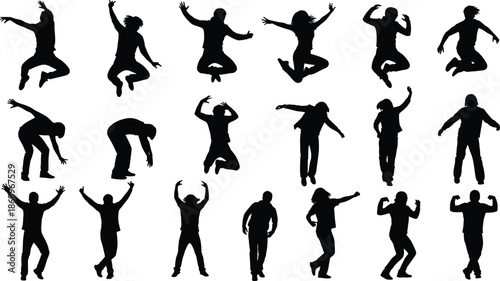 Jumping people silhouettes collection, men and women expressing joy and energy in mid air poses, black vector illustration for freedom, celebration, lifestyle, motion concepts
