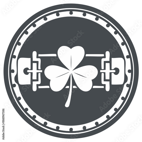Stylized shamrock and barbells emblem in a bold circular design for luck and strength