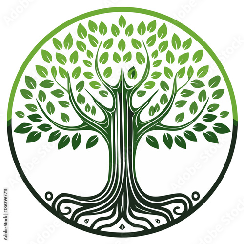 Stylized green tree of life symbol with intricate roots and circular border representing nature and growth