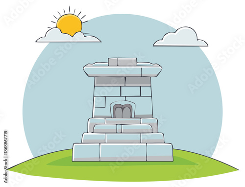Stylized ancient stone tower on grassy hill under sun and clouds