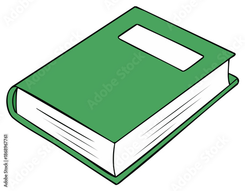 Simple cartoon illustration of a closed green hardcover book with a blank title label.