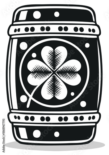 Black and white barrel with lucky four-leaf clover emblem, festive design