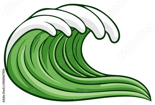 Stylized green ocean wave with a white foam crest in a dynamic cartoon illustration