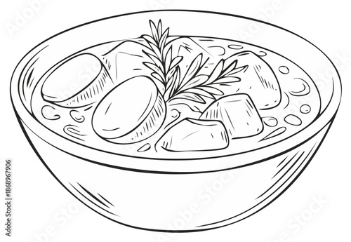 Sketch illustration of a traditional homemade stew with meat, potatoes, and rosemary in a bowl