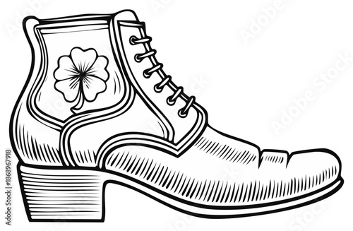 Black and White Contour of High Heeled Boot with Clover Motif for Decoration