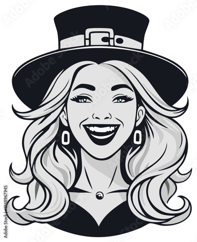 Smiling woman portrait wearing a hat and earrings in grayscale