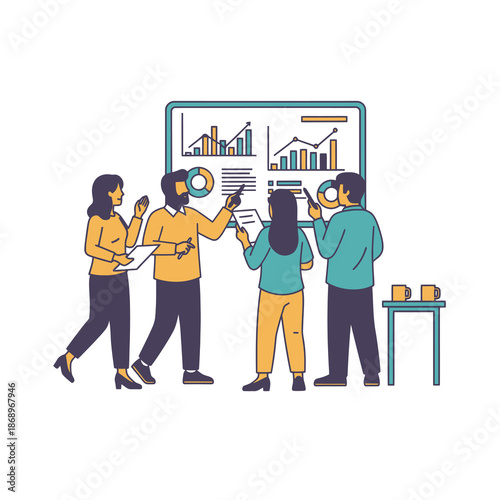 A vibrant 2D flat graphic shows a diverse four person team conducting a stand up meeting, reviewing project metrics on a large digital whiteboard in a bright office environment