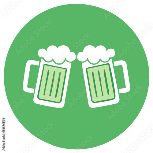 Two beer mugs toasting in a green circle for celebrating and St. Patrick's Day.