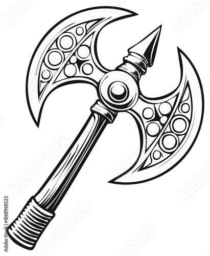 Detailed drawing of a double headed battle axe, medieval weapon illustration, graphic style