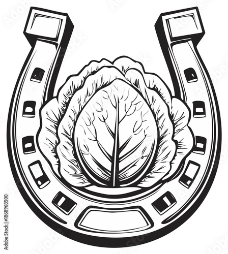 Lucky horseshoe and fresh cabbage head black and white line art illustration for good fortune and prosperity.