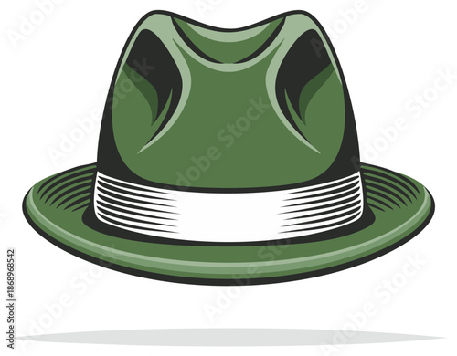 Classic Green Fedora Hat Illustration with White Band for Vintage Style and Elegant Fashion Accessory Design