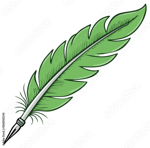 Hand drawn illustration of a classic green feather writing quill