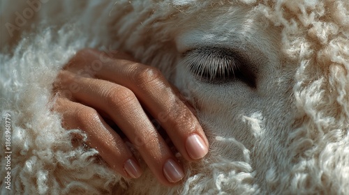 Hand gently caresses a sleeping eye nestled in soft, curly white fleece