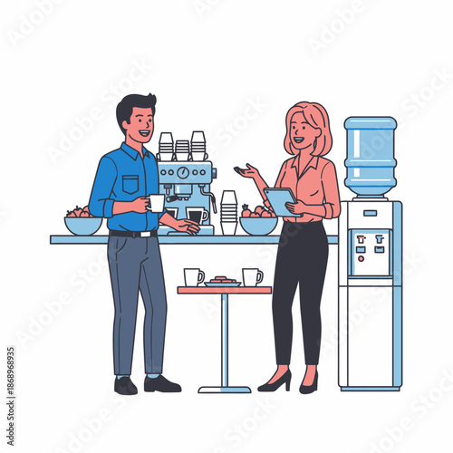 Two cheerful colleagues enjoying a casual break, collaborating and sharing ideas by a modern coffee station in the office kitchen, presented as a vibrant 2D flat graphic scene