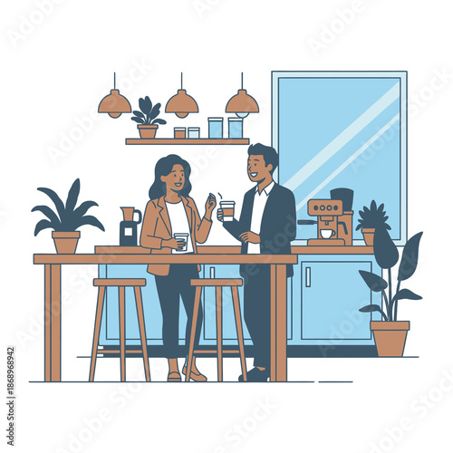 Two professional colleagues enjoy a friendly discussion and laugh while taking a coffee break near a stylish office kitchenette in this flat 2D graphic illustration on a white background