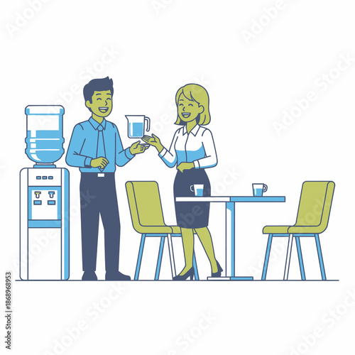 Two young business professionals laughing and engaging in friendly communication next to a water cooler in a clean, vibrant flat 2D graphic illustration of an office break area