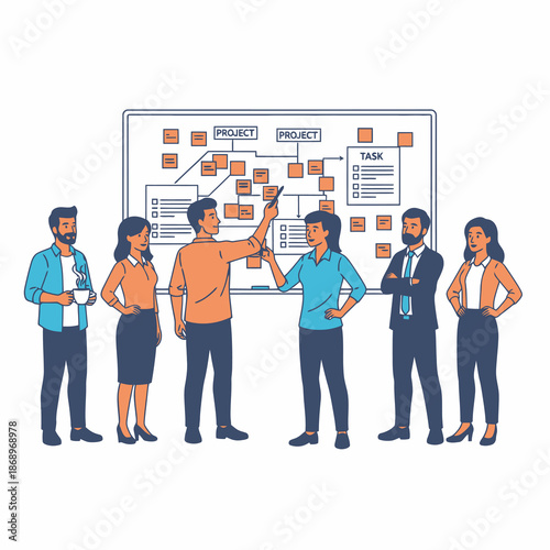 Vibrant 2D flat graphic illustration of a small team conducting a morning stand up meeting in a contemporary office, reviewing project timelines on a sticky note covered whiteboard