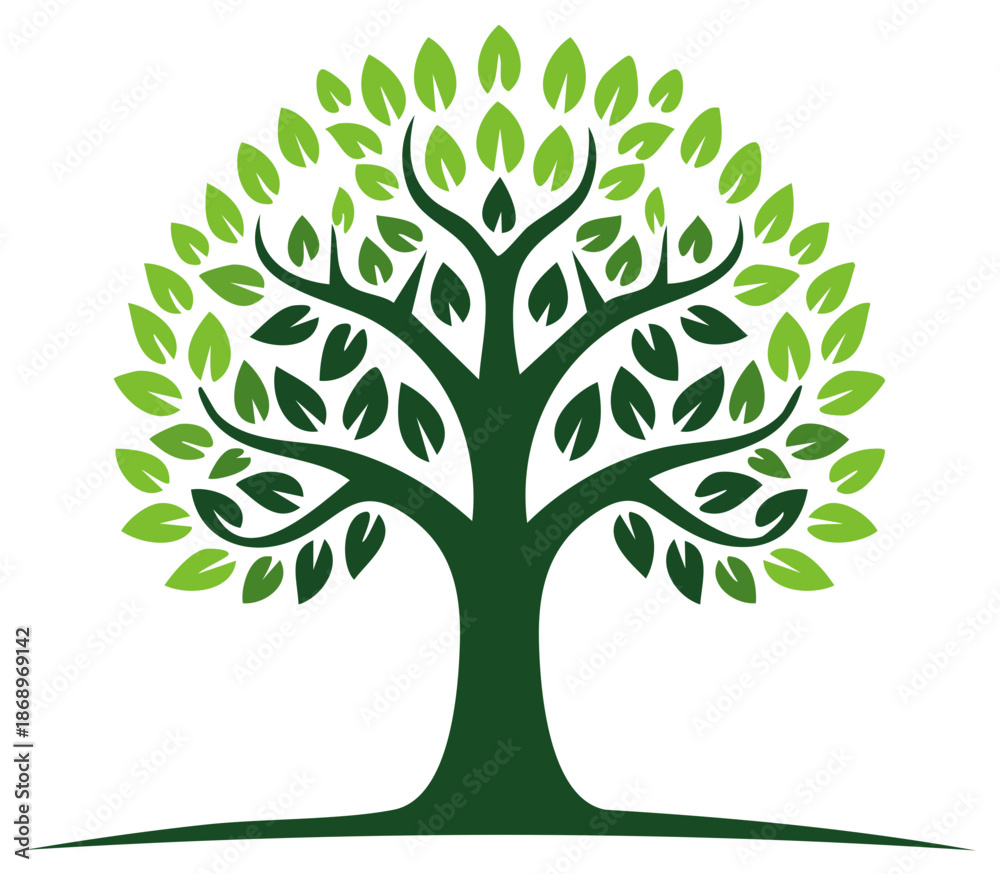 Fototapeta premium Stylized Green Tree with Dense Leafy Canopy and Root System