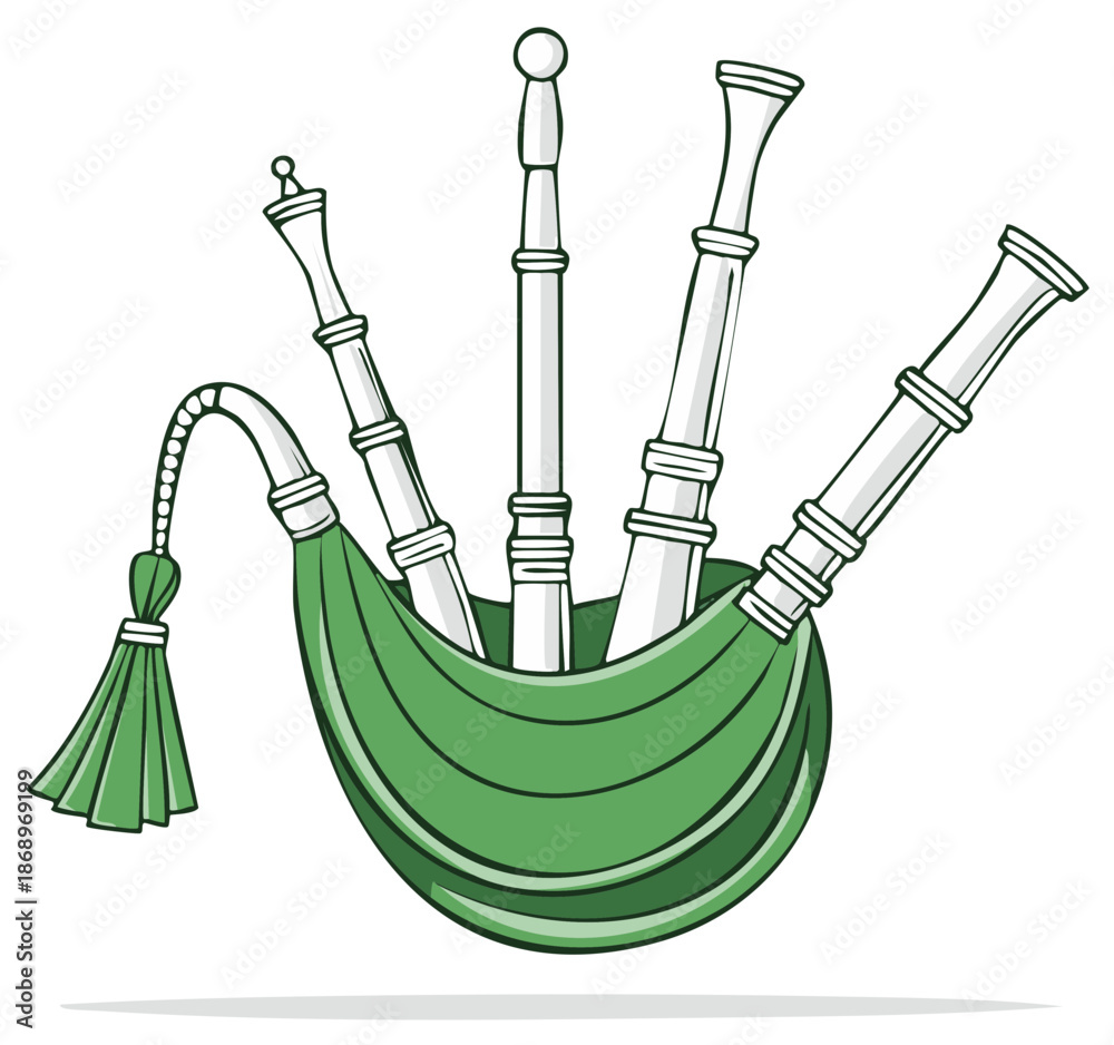 Fototapeta premium Illustration of green bagpipes a wind musical instrument common in Scotland and Ireland featuring pipes tassel and a bag