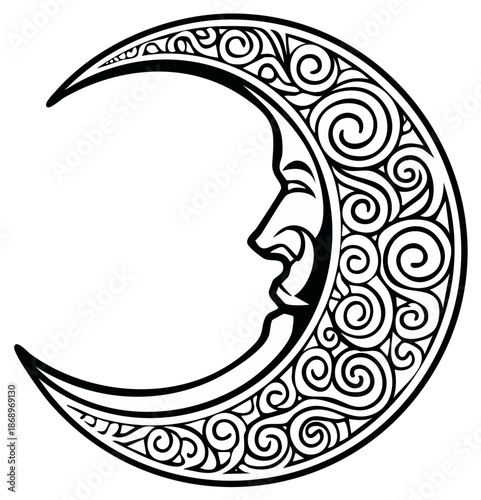 Ornate Crescent Moon with Profile Face Silhouette