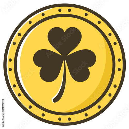 Golden coin with a clover symbol symbolizing luck and St Patricks Day celebration