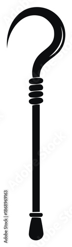 Traditional black shepherd crook or walking staff silhouette with curved hook and decorative handle vector graphic