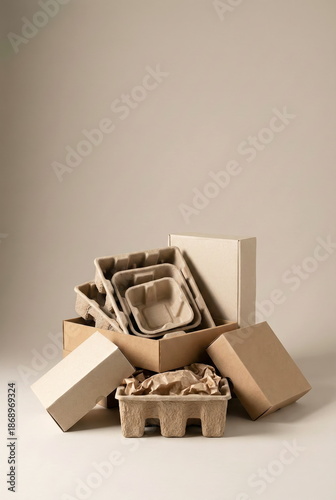 Wallpaper Mural A stack of eco-friendly recyclable packaging, including cardboard boxes, molded fiber trays, and kraft paper, representing sustainable solutions for shipping and products. Torontodigital.ca