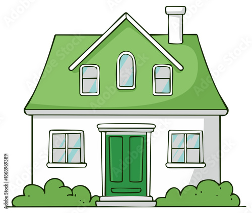 Cartoon house with green roof and door. Vector illustration of a family home.
