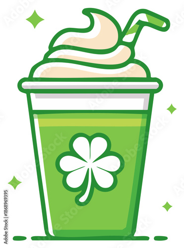 Festive St Patricks Day green shamrock milkshake with whipped cream cartoon illustration