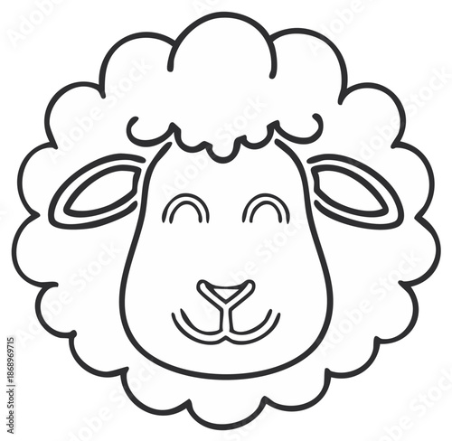 Simple Outline Drawing of a Happy Sheep Face with Curly Wool