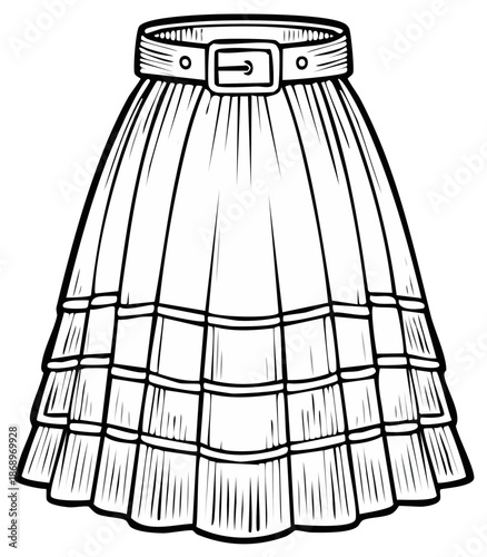 Belted tiered midi skirt fashion illustration in black and white line art style