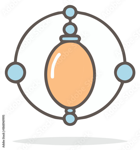 Stylized Decoration with Hanging Gemstone Pendant Surrounded by Circular Orbits with Spheres