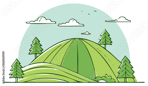 Rolling Green Hills with Coniferous Trees Under a Cloudy Sky Doodle Illustration