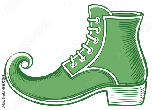 Green cartoon illustration of a whimsical boot with a curled toe and laces