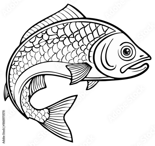 Stylized carp fish black and white line art vector illustration