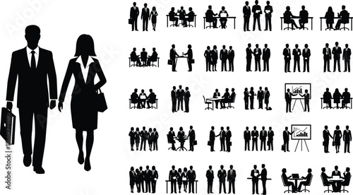 Business People Silhouette Vector Collection featuring Professional Men and Women in Suits, Corporate Meetings, Presentation Groups, Office Teamwork, Success Partnerships, and Executive Figures,