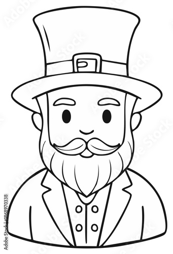 Cute Leprechaun Character Illustration with Top Hat and Beard Outline Drawing