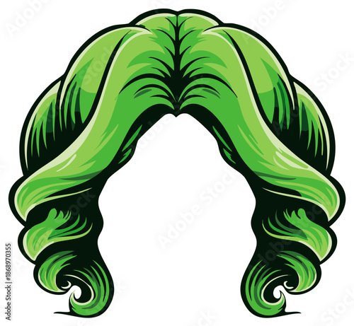 Stylized Green Wavy Wig Illustration Fun Party Costume Accessory, Bold Color, Vibrant Cosplay Hair Piece
