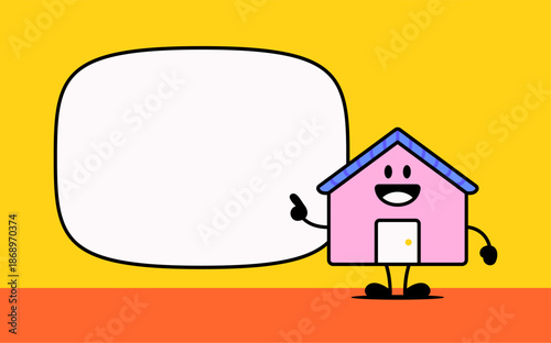 Cartoon house character pointing at a blank speech bubble on a bright background. Perfect for real estate concepts, home messages, kids designs, education, and friendly presentations