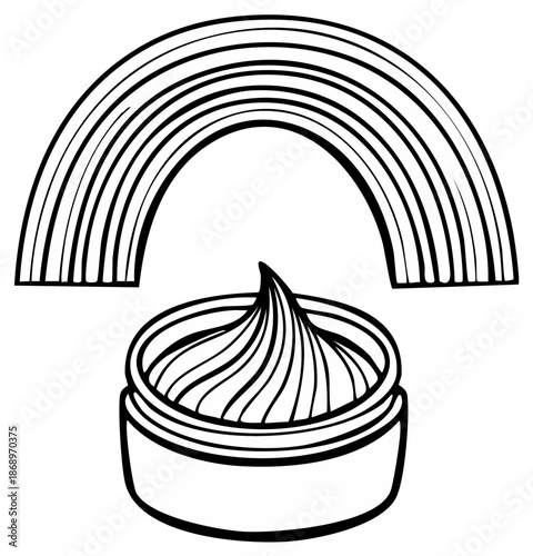 Black and white illustration of a rainbow arc over a jar of swirl cream