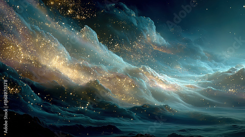 Celestial clouds illuminated with sparkling stars and cosmic light effects.