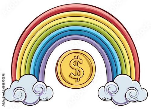 Colorful rainbow arching over fluffy clouds with a gold dollar coin representing wealth prosperity and luck