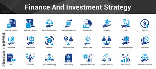 Finance And Investment Strategy Cohesive set of minimalist vector icons representing key ideas with visual clarity