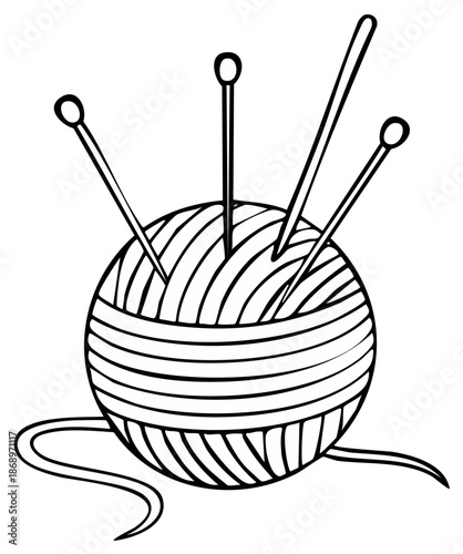 Black and white line drawing of a yarn ball with knitting needles and sewing pins for crafting