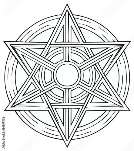 Geometric Star Symbol in Circle with Lines, Black and White Occult Illustration