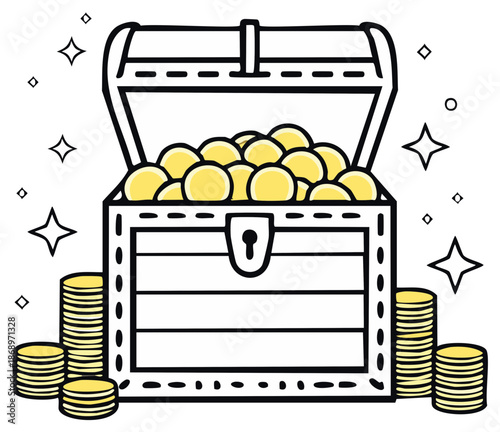 Open treasure chest filled with gold coins illustration and coin stacks design