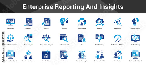 Enterprise Reporting And Insights Cohesive set of minimalist vector icons representing key ideas with visual clarity