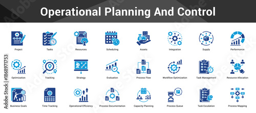Operational Planning And Control Cohesive set of minimalist vector icons representing key ideas with visual clarity
