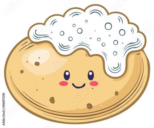 Adorable cartoon baked potato with sour cream topping and a happy face